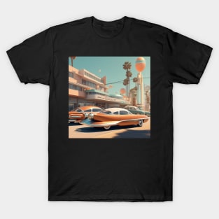 A Retro-Futuristic image of a Califonia Beach City T-Shirt